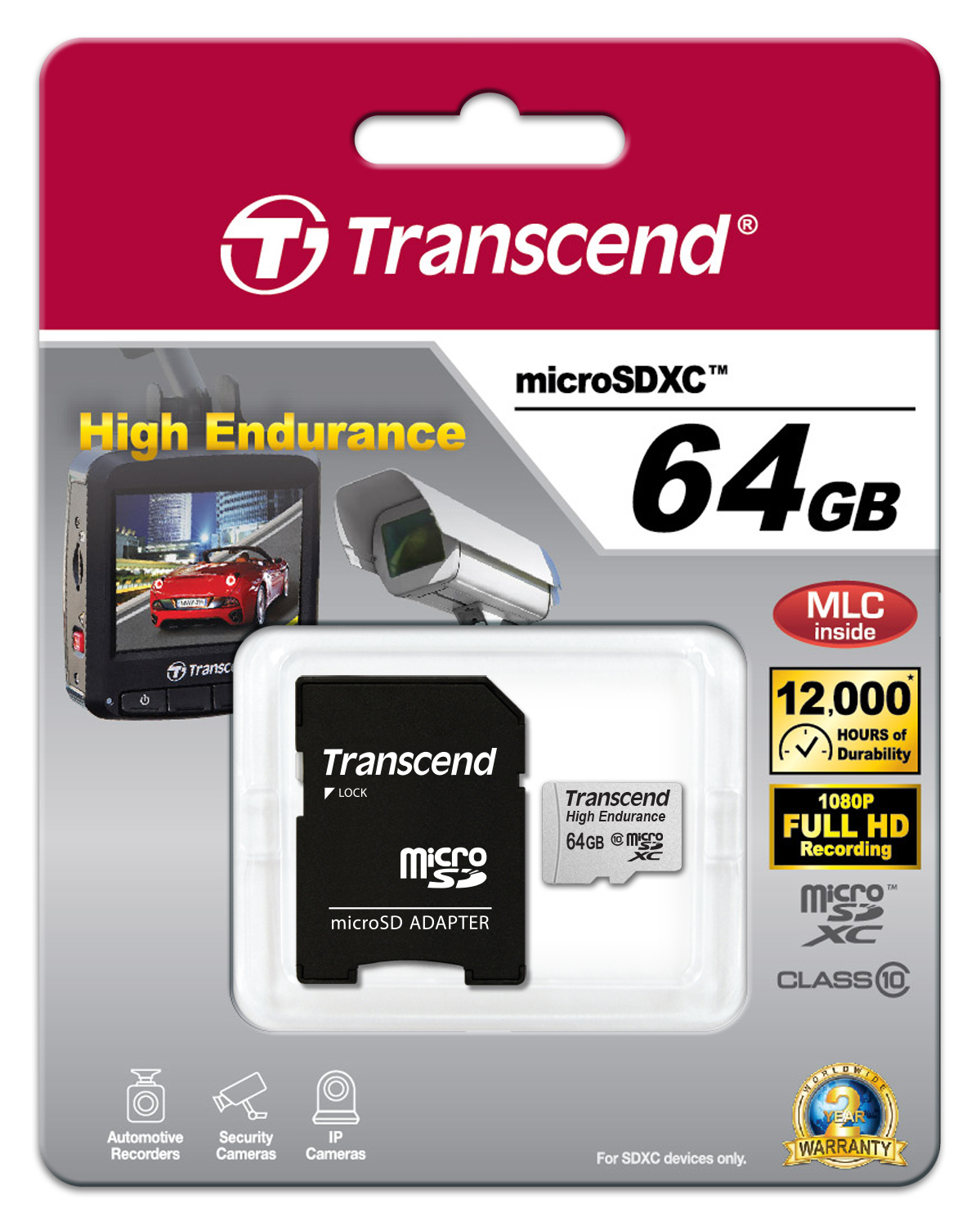 64GB Transcend High Endurance MicroSDXC Card CL10 w/SD Adapter