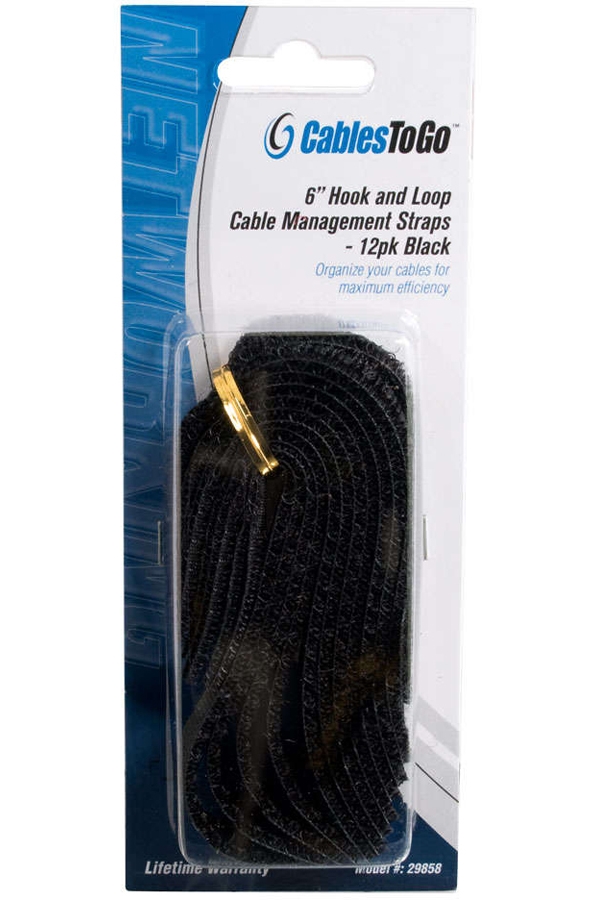 C2G 6 Hook-and-Loop Cable Management Straps - Black - 12-Pack